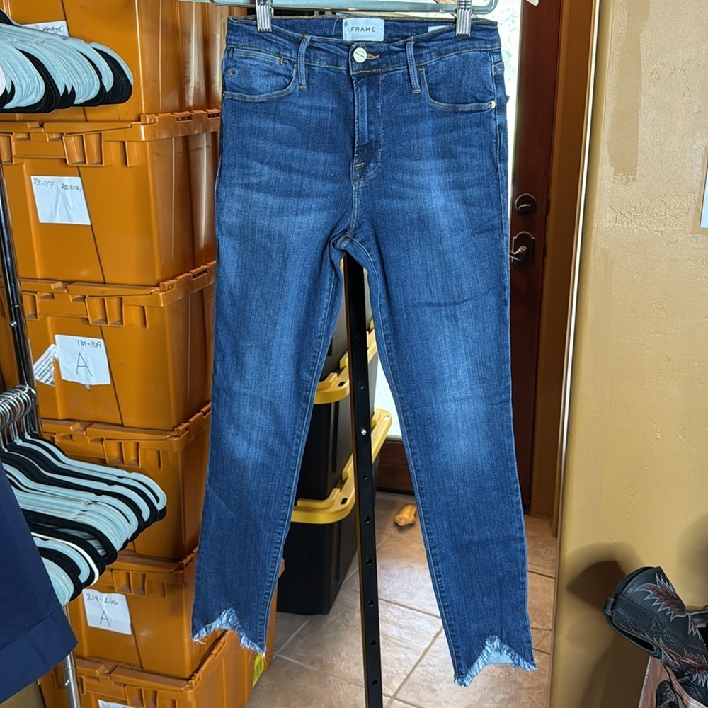 Frame Le High Skinny Jeans Sulham Blue Raw Hem Ankle High Rise Size 27 - Picture 7 of 16